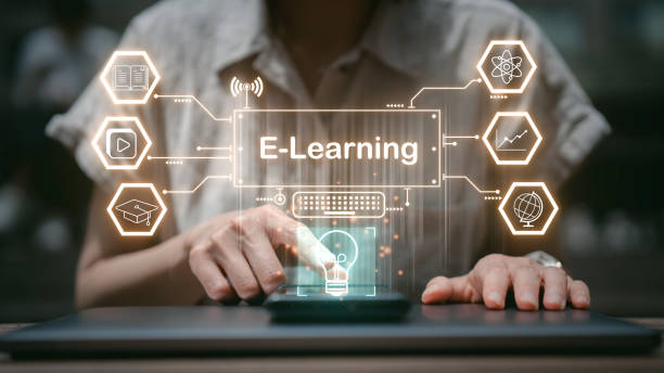 E-learning education concept, internet lessons and online webinar icon on virtual screen. Person who attends online lessons on a digital screen. Education internet Technology.